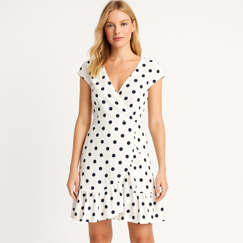 J.Crew White Black Polka Dot Wrap Dress Ruffle Hem Cap Sleeve V-neck Size 4